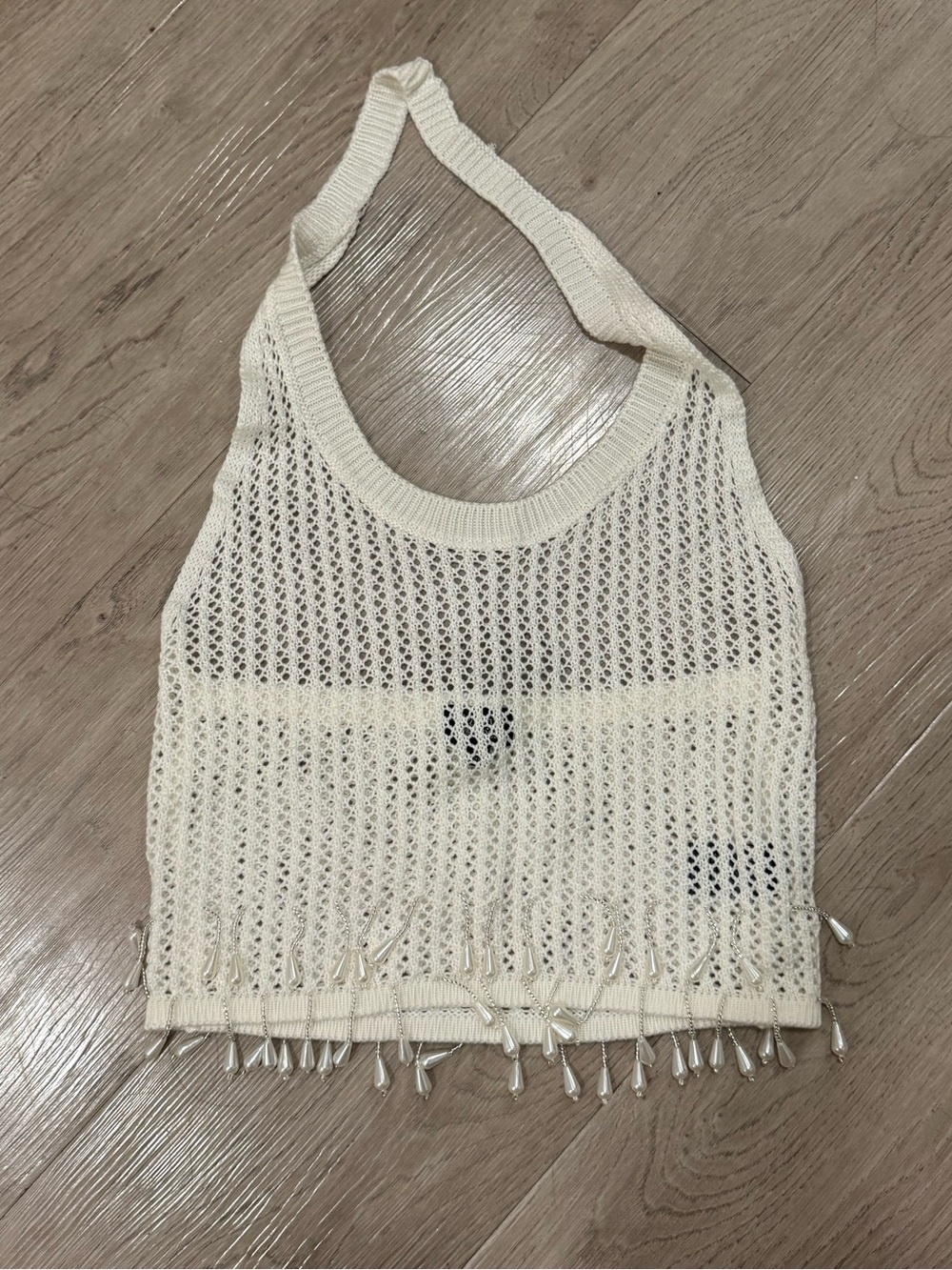 Beverly and Beck Cream Crochet Halter Tank Top with Pearl Accents-S